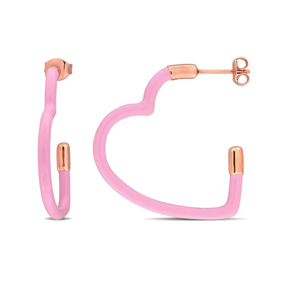 Sterling Silver Open Heart Hoop Earrings with Pink Enamel